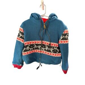 1940s Vintage Twigs Cowichan Sweater Thick Hooded Handknit Wool Childs Blue Red